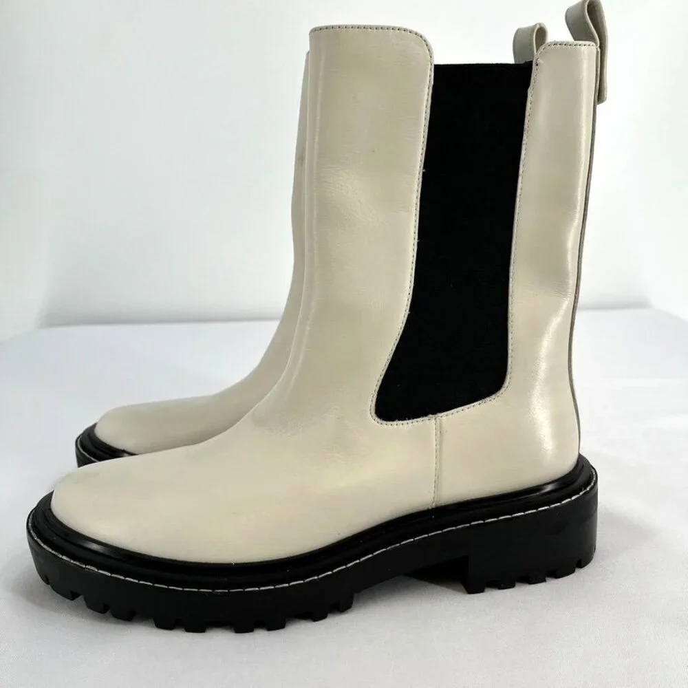Tory Burch Women's Size 9 Benton Boot Vachetta Calf Heavy Boots In Ivory/Black - Picture 5 of 15